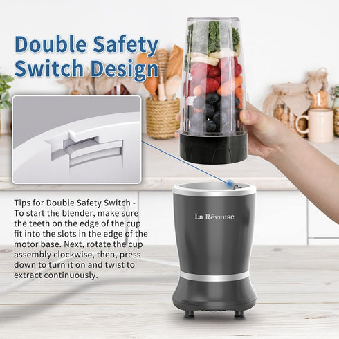 La Reveuse Personal Size Blender 250 Watts Power for Shakes, Smoothies, Sauces with 1 Piece 15 oz Cup & 1 Piece 10 oz