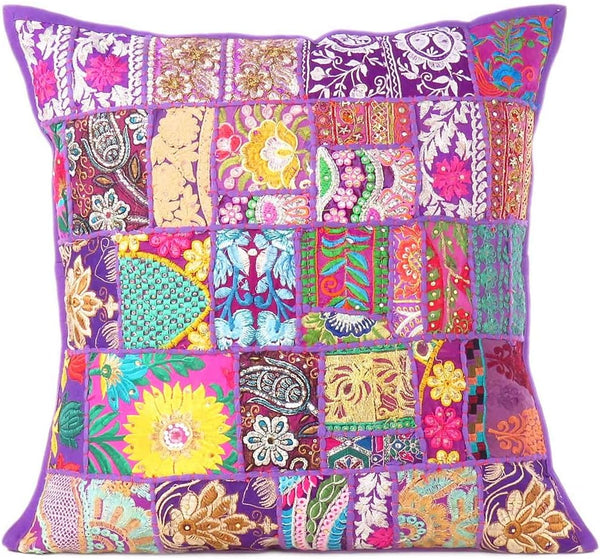 Eyes of India Decorative Patchwork Boho Throw Pillow Cover - Colorful Handmade Cushion Case for Sofa, Purple, 24" x 24"