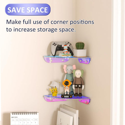 7x7 Inch Set 2, Sezanrpt Corner Shelf Wall Mount of Iridescent Acrylic Corner Floating Shelves, Corner Wall Organizer