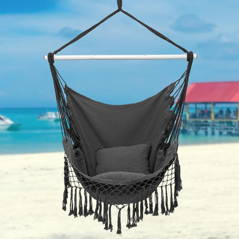 Hammock 2 Chair, Hanging Rope Swing Seat with Cushions,Macrame Hanging Chair Side Pocket with High Load-Bearing Metal