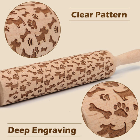 Embossed Rolling Pin for Baking with Dog Pattern - Wooden Engraved Dough Roller, Kitchen Decor Birthday Gifts