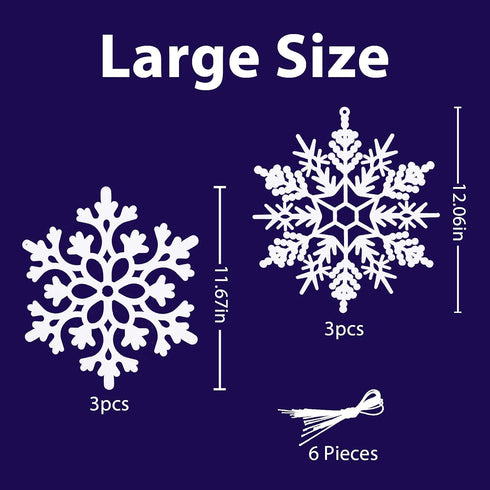 White Snowflake Ornaments - 6 Pack Large Plastic Decorations for Christmas Tree, Winter Wonderland