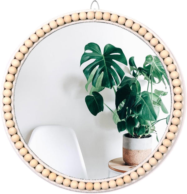 Poeme Boho Wall Mounted Circle Mirror, Wooden Round Wall Decor for Bathroom Living