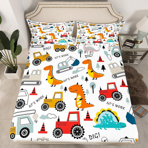 Set Set Set Feelyou Construction Sheet Kids Cartoon Dinosaur Sheets with Deep Pocket Fitted Sheet for Boys Equipment