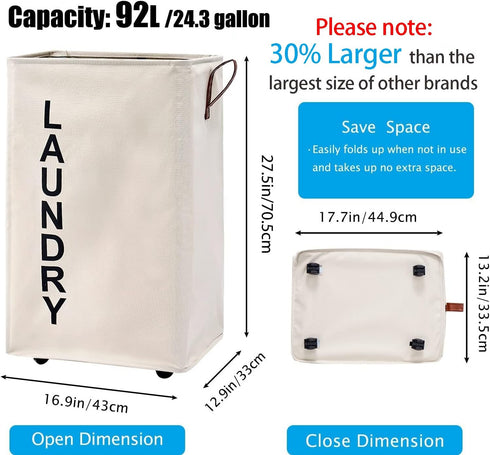 92L Large Laundry Hamper with Leather Handle,Standable Laundry Basket with Wheels ,Large Hamper,Rolling Laundry Basket