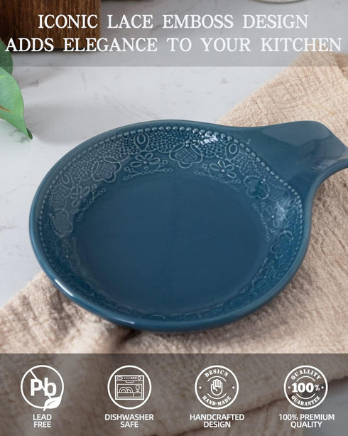 Spoon Holder, Ceramic Spoon Rest for Kitchen Countertop, Large Lace Embossed Kitchen Spoon Rest for Stovetop, Ceramic Spoon Rest for Kitchen Countertop, 5.5inch Utensil Tray(Grayish Blue)