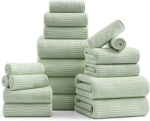 18 Pcs Green Woven Family Towels Set-6 Bath Sheets,6 Hand Towels,6 Washcloths