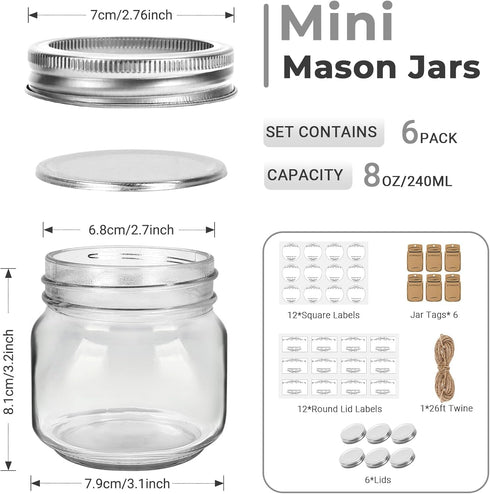 Small Mason Jars 8oz/240ml with Regular Lids, 6 Pack Glass Canning Jars With Labels, Mini Glass Jars for Jam Jelly Spice Honey Herbs, Wedding Shower Favors Food Storage Candle Jars