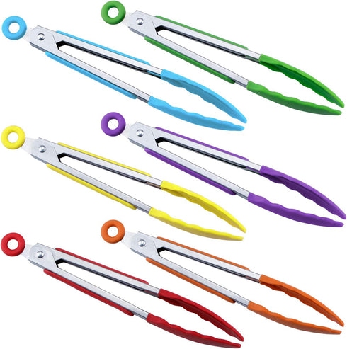 MSY BIGSUNNY Kitchen Food Tongs | 7" Mini Silicone Serving Tongs | Set of 6 in Purple, Red, Orange, Green, Yellow, Blue