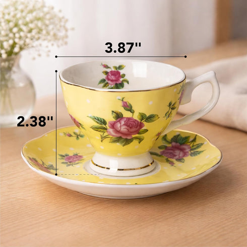 Set 4, 8 oz, Set BTaT- Floral Tea Cups and Saucers, of Fine Porcelain Teacup with Gold Trim for Afternoon Tea