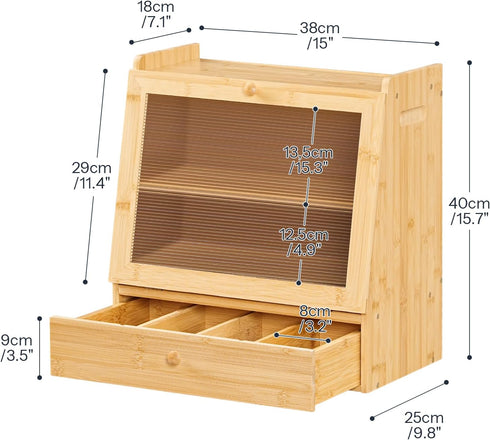 2-Tier Countertop YL21MB01 HOOBRO Bread Box, Bamboo Bread Box Storage Container with Drawer, Kitchen Food Storage Box