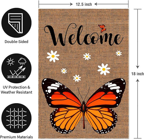 Welcome Monarch Butterfly Garden Flag | Double Sided Burlap Vertical Yard Flags for Personalized Decor 12.5x18 Inch