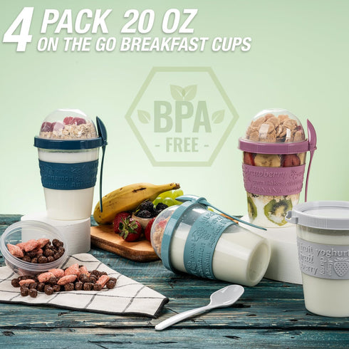 4 Pack Reusable On The Go Yogurt Parfait Cups, Breakfast Plastic Containers with Lids and Spoons, Perfect Jars