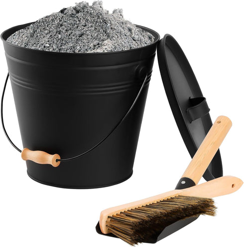 FEED GARDEN 3.5 Gallon Mini Ash Bucket with Lid, Shovel, Broom, Iron Metal Bucket for Fireplace Fire Pits, Indoor