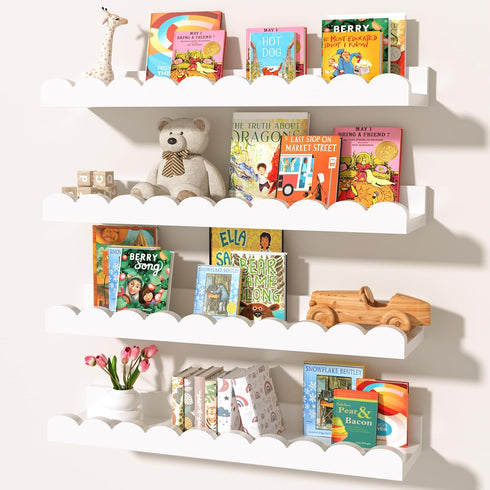 MZJZBN White Scalloped Nursery Shelves for Wall, 4-Pack Floating Book Shelves for Kids