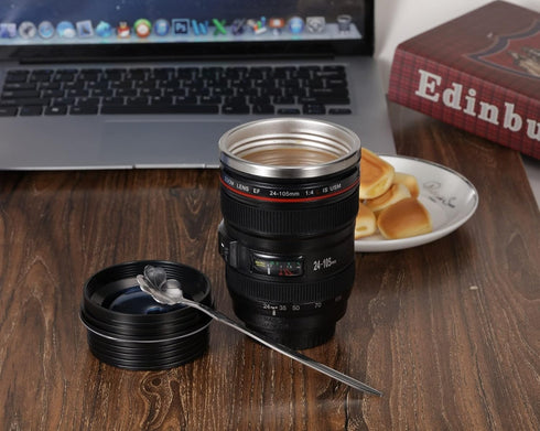 Camera Lens Coffee Mugs, Stainless Steel Lens Cups with Four Leaf Clover Spoon, Novelty Gifts for Photographers