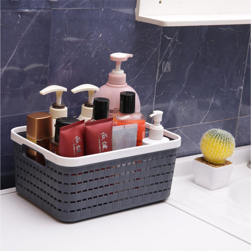 Plastic Storage Bin Baskets, Small Grey Toilet Paper Basket for Bathroom, Organizer Shower Caddy with Handles (2 Pack)
