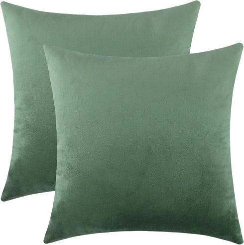 mixeoo Decorative Square Throw Pillow Covers, Set of 2, 18 x 18 Inch, Comfy Thick Velvet Couch Cushion Cases, Sage Green