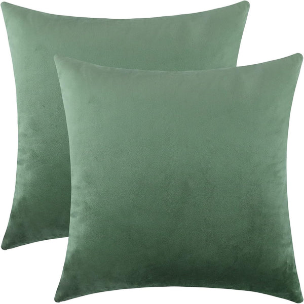 mixeoo Decorative Square Throw Pillow Covers, Set of 2, 18 x 18 Inch, Comfy Thick Velvet Couch Cushion Cases, Sage Green