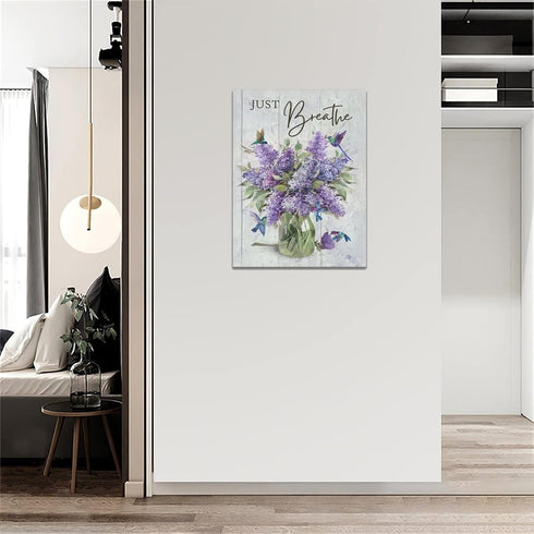 Farmhouse Lavender Bathroom Flower Decor, Just Breathe Rustic Hummingbird Canvas Painting Prints for Bedroom 12"x16"