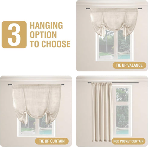 H.VERSAILTEX 63 Inch Tie Up Linen Curtains, Natural Textured Privacy Curtain, Multi Hanging Ways, 42x63