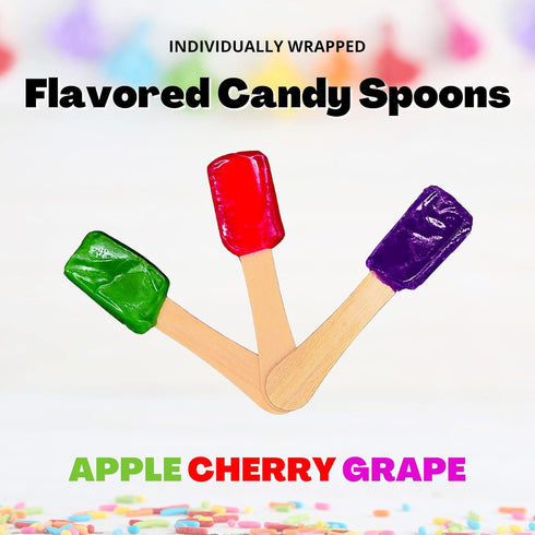 Pack of 60 4" Candy Spoons, 20 Each of Grape, Green Apple, and Cherry for Snow Cones, Ice Cream, and Desserts