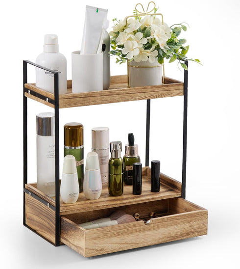 Auysbytdd 2-Tier Bathroom Organizer Countertop with Drawer, Wood Counter Shelf for Storage, Cosmetic