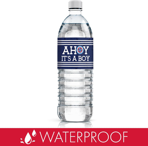 Ahoy Its a Boy Baby Shower Water Bottle Labels - Nautical Waterproof Stickers, 24 Count Party Favor Decorations