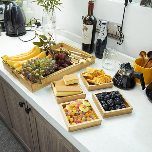 Set 7 Wooden Serving Trays with Handle - of - Large, Medium, Small and Mini - Nesting Multipurpose Trays