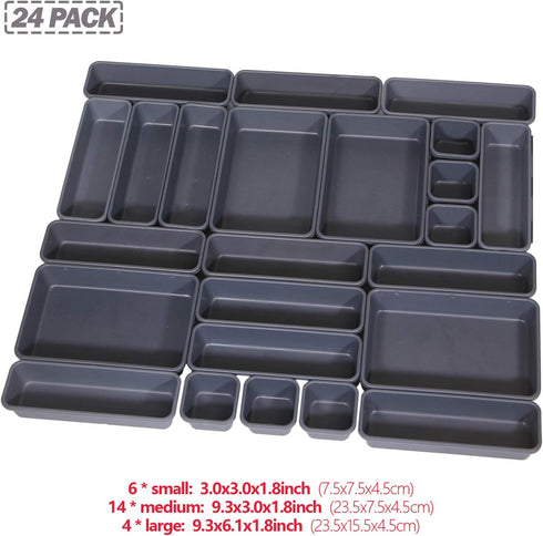 Set of 24 Interlocking Plastic Desk Drawer Organizer Tray Dividers for Shallow Narrow Drawers, Storage Bins for