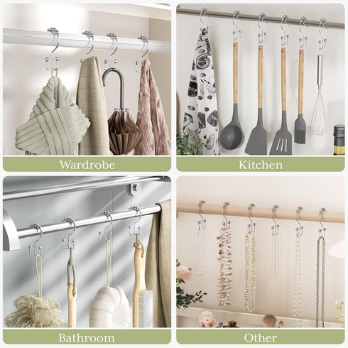 Amazer Shower Curtain Hooks Rings - Rust-Resistant Stainless Steel Double Hooks, Set of 12, Chrome