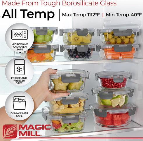 Magic Mill Glass Storage Containers Set, Ultimate 24pc with BPA Free Airtight Locking Lids for Food Storage