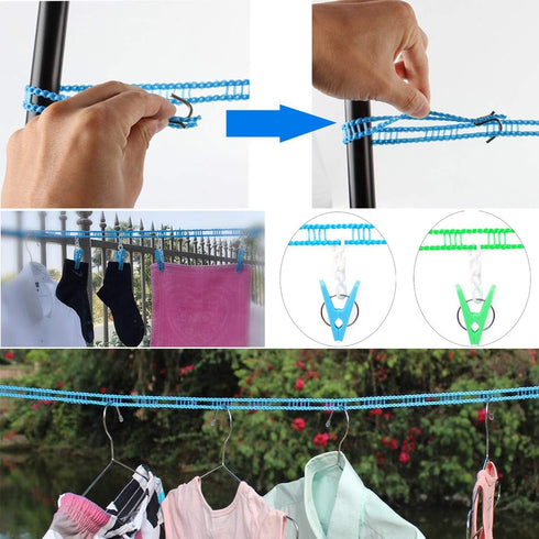 Clotheslines 2 Pack with 24 Pcs Clips, Portable Windproof Drying Rope for Indoor Outdoor Laundry, Camping