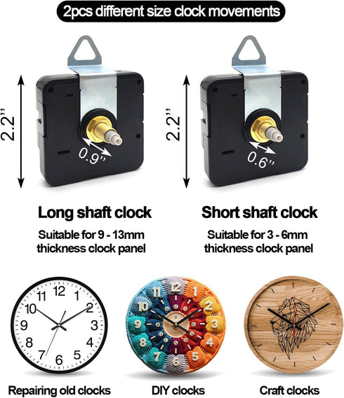 2pcs Silent Quartz Clock Movement Long and Short Shaft with 5 Sets Hands, DIY Wall Clock Mechanism Battery Powered Motor Replacement Repair Clock Parts Kits (No Battery)