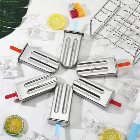 Jingmore 6 Frozen Stainless Steel Pop Molds, Round Head Metal Pop Molds with Holder & Reusable Sticks, Metal Ice Cream