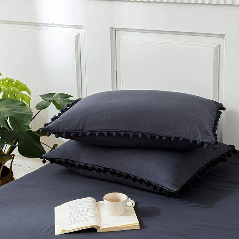 Navy Blue Pom Poms Pillowcases - Dark Blue Standard Queen 20x30 Inches Set of 2, 100% Washed Microfiber