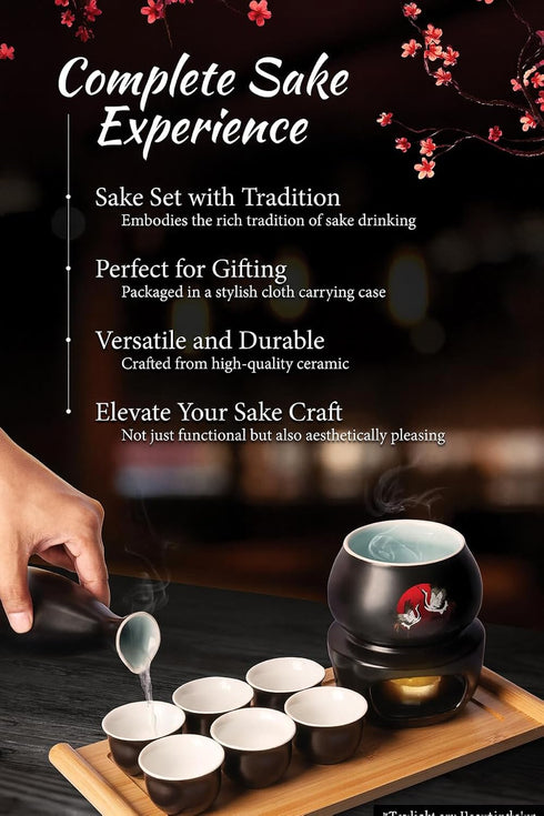 LOONCREST Set 6 1 1 Set Japanese Sake Cup with Ceramic Cups, Ceramic Sake Bottle, Ceramic Sake Warmer, Bamboo Tray