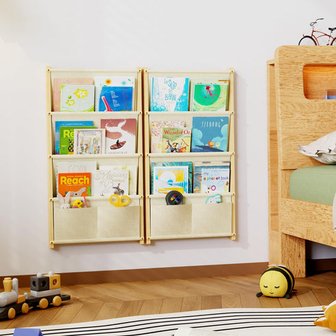 BPMFDTNL 4-Tier Wood Wall Mounted Kids Bookshelf Floating Book Shelf For Kids Rooms,Nursery & Classroom, Hanging