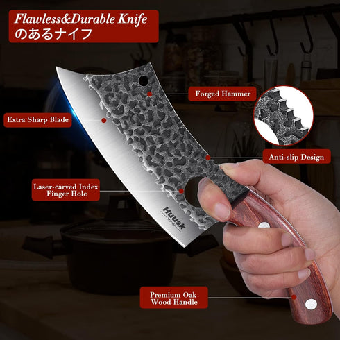 Huusk Japan Viking Knife with Sheath, Hand Forged Meat Cleaver, Full Tang Boning Knife for Outdoor Cooking