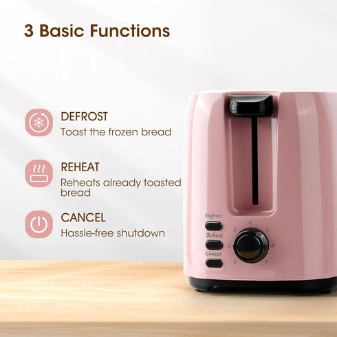 iSiLER 2 Slice Toaster - Pink, 1.3 Inches Wide Slot Bagel Toaster with 7 Shade Settings, Compact with Removable Crumb