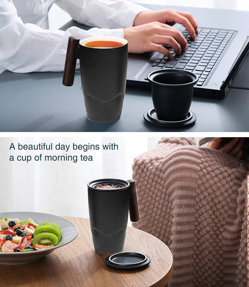 400ml/13.5oz suyika Tomotime Ceramic Tea Cup with Infuser and Lid Tea Mugs Wooden Handle Black