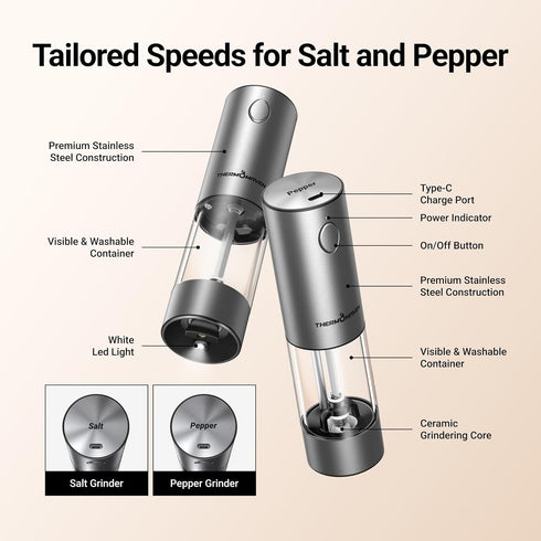 Set, 110ml 6 ThermoMaven Upgraded Larger Capacity Electric Salt and Pepper Grinder Rechargeable Salt and Pepper Shaker