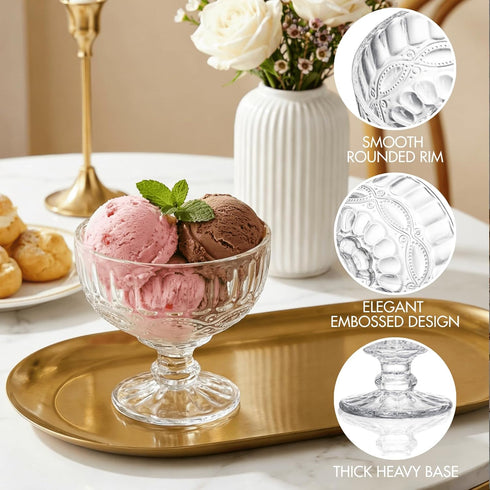6 Pack 12oz Youeon Vintage Embossed Glass Dessert Cups, Footed Sundae Glasses for Ice Cream, Parfait, Trifle, Fruit