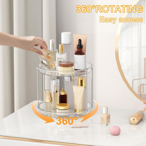 klyoca 360 2 Counter Rotating Makeup Organizer Tier Lazy Susan Turntable Organizer, Clear Bathroom Organizer