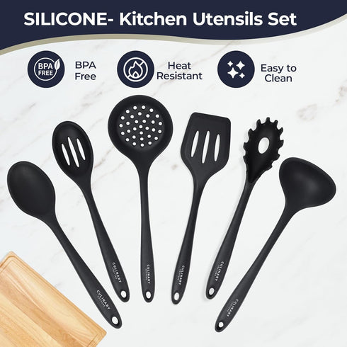 Culinary Couture Black Silicone Kitchen Utensils Set of 6, Non-Stick Heat-Resistant Kitchen Utensils with Steel Inner
