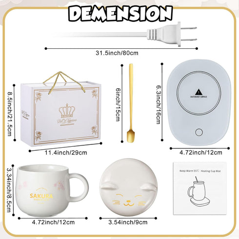 Cute Cat Smart Coffee Warmer with Mug for Women, Electric Coffee Mug Heater, Temperature Control, Ceramic, White, Gift