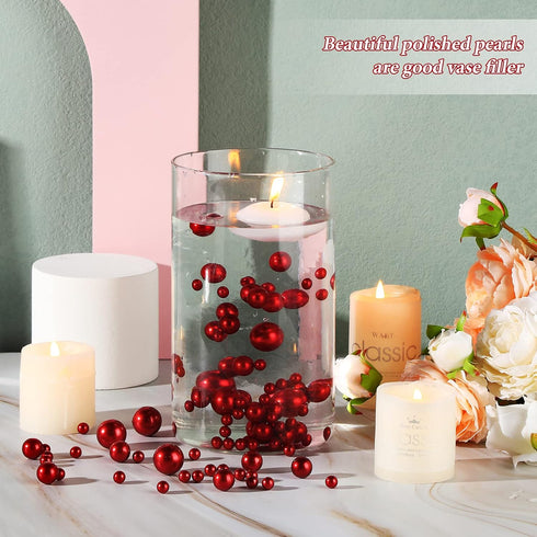 150 Pieces Faux Pearls Vase Filler, Gloss Beads Mixed Sizes Round Pearl for Home Party Wedding Decor, 8/14/20 mm (Red)