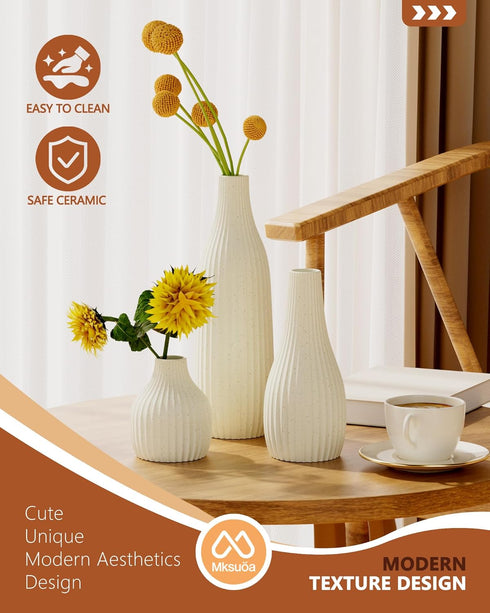 Mksuuoa Set 3 Decorative Flower Vase of - Modern Boho Style Beige Vases, Ribbed Textures Ceramic Vase for Home Decor