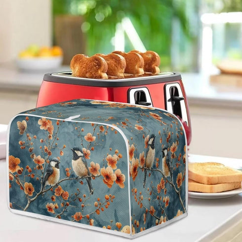 Blue Small Bird & Orange Red Flowers Toaster Cover - 4 Slice, Universal Size Dustproof Covers with Handle for Microwave
