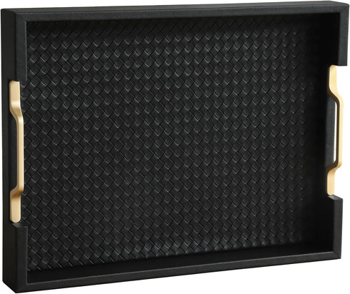 HofferRuffer Faux Leather Rectangle Serving Tray Decor Platter with Gold Metal Handles